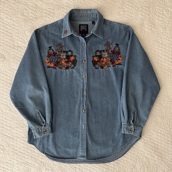 Quizz Tops - Quizz Women’s Vintage Denim Button Down Shirt Fall Pumpkin Harvest Embroidered